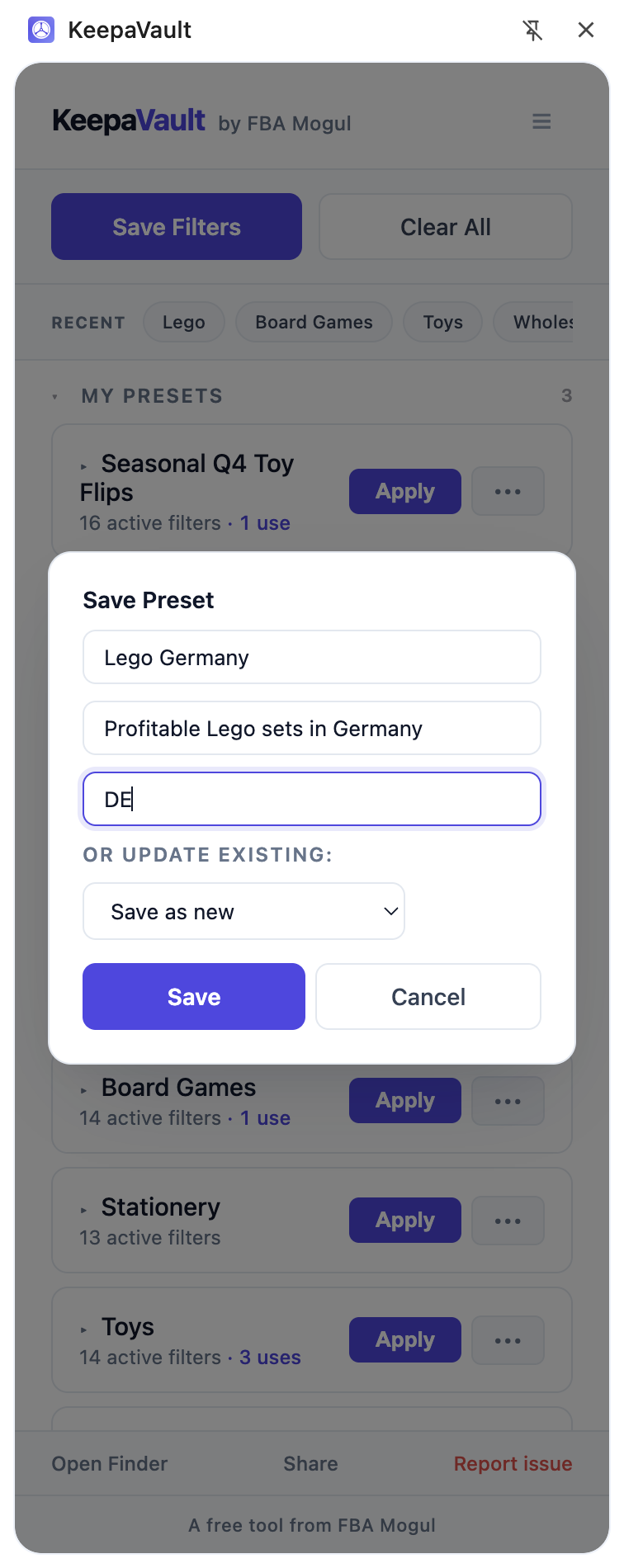 Save Preset dialog open over KeepaVault with name, description, and group fields